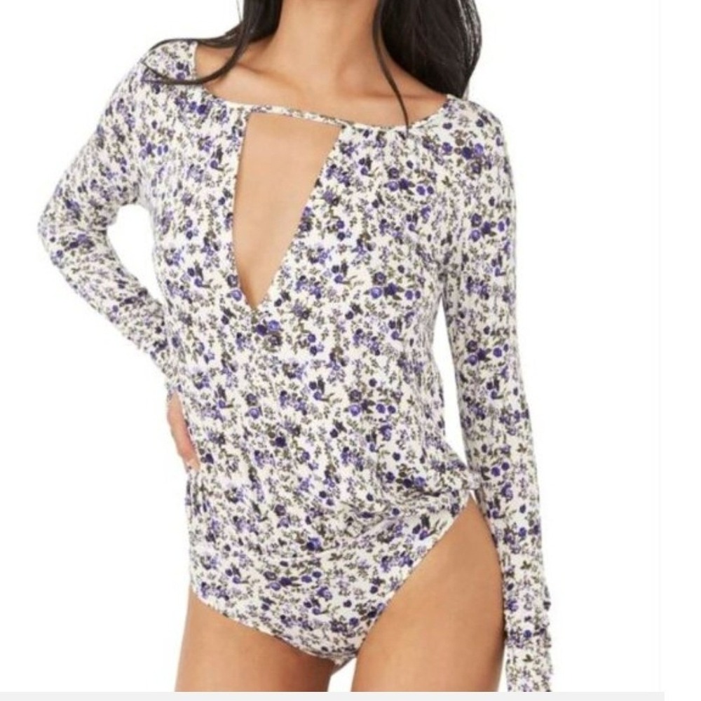 Free People Kaya Cutout Bodysuit Medium Ivory Purple Floral Coquette